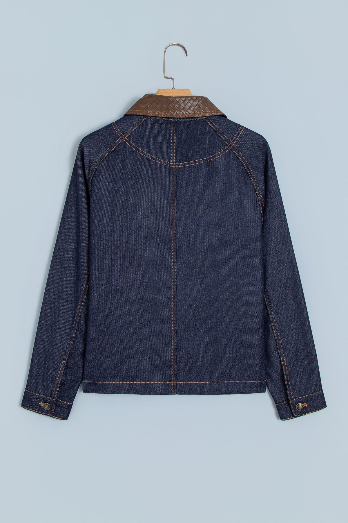 Navy Blue Contrast Collar Stitched Detail Button Denim Jacket