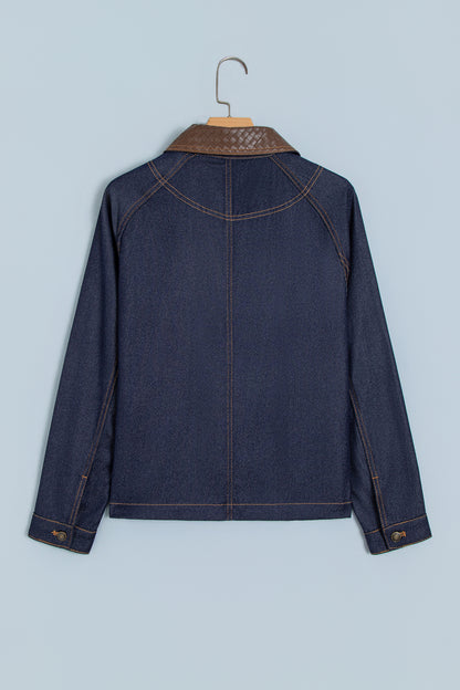 Navy Blue Contrast Collar Stitched Detail Button Denim Jacket