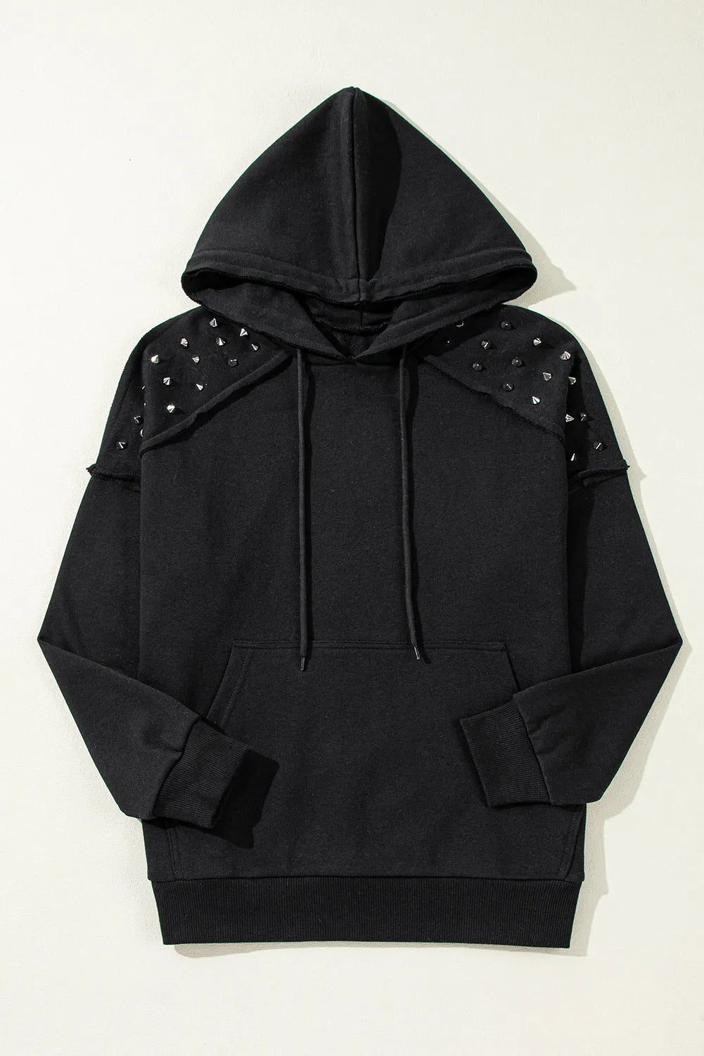 Black Solid Color Rivet Stud Raglan Sleeve Hoodie with Pocket - Chic Meadow Boutique 