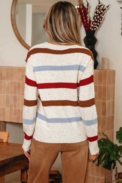 Beige Stripe Exposed Seam Drop Shoulder Heathered Knit Sweater