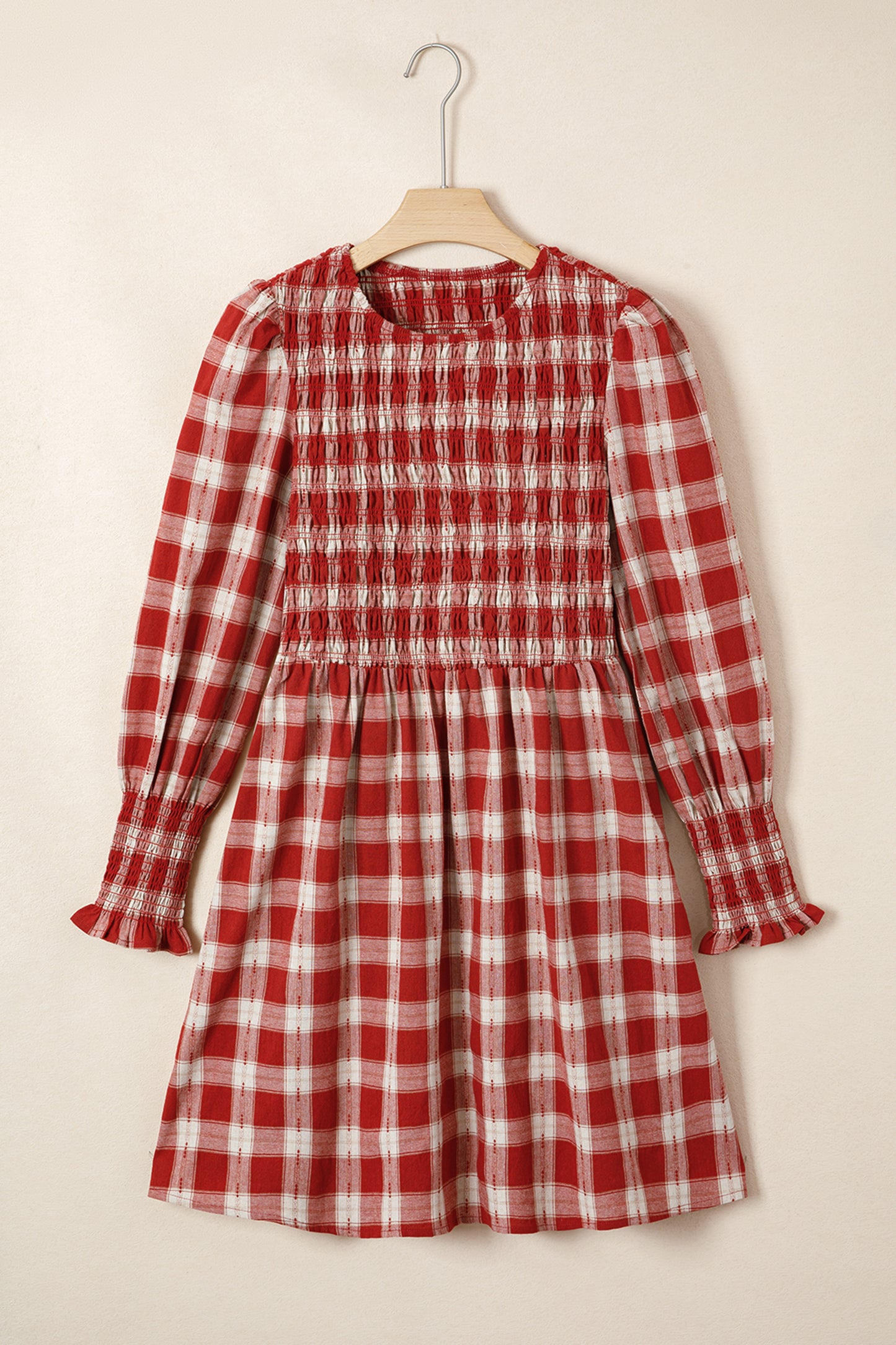 Red Plaid Print Smocked Puff Sleeve Mini Dress