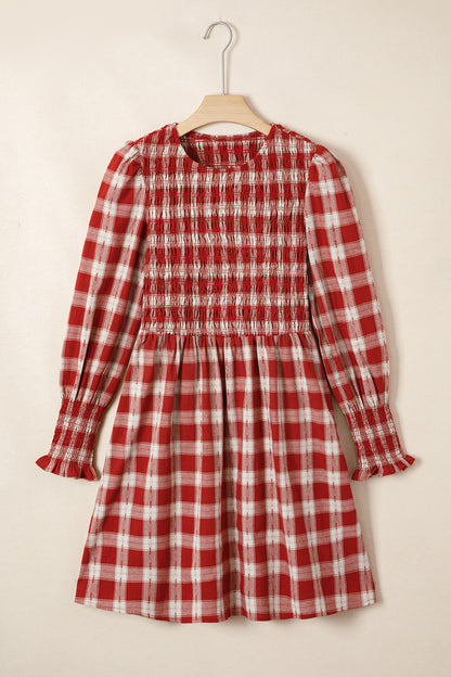 Red Plaid Print Smocked Puff Sleeve Mini Dress