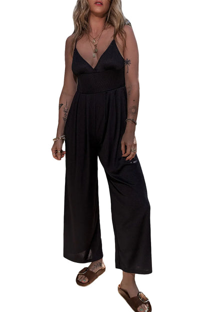 Black Wide Leg High Waist Sexy V Neck Cami Jumpsuit - Chic Meadow Boutique 