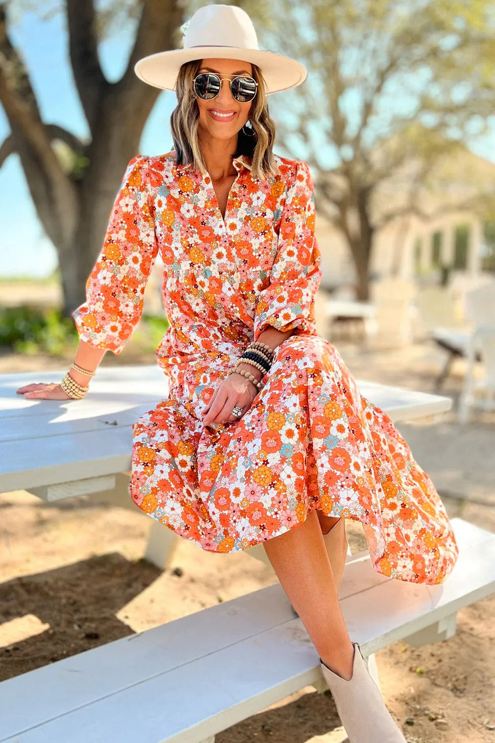 Dresses/Floral Dresses Multicolor Boho Floral Collared Long Sleeve Ruffled Dress