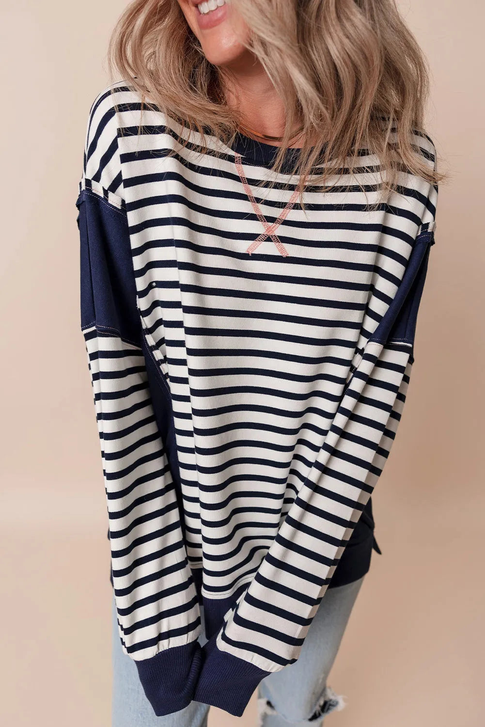 White Stripe Color Block Exposed Seam Loose Fit Sweatshirt - Chic Meadow Boutique 