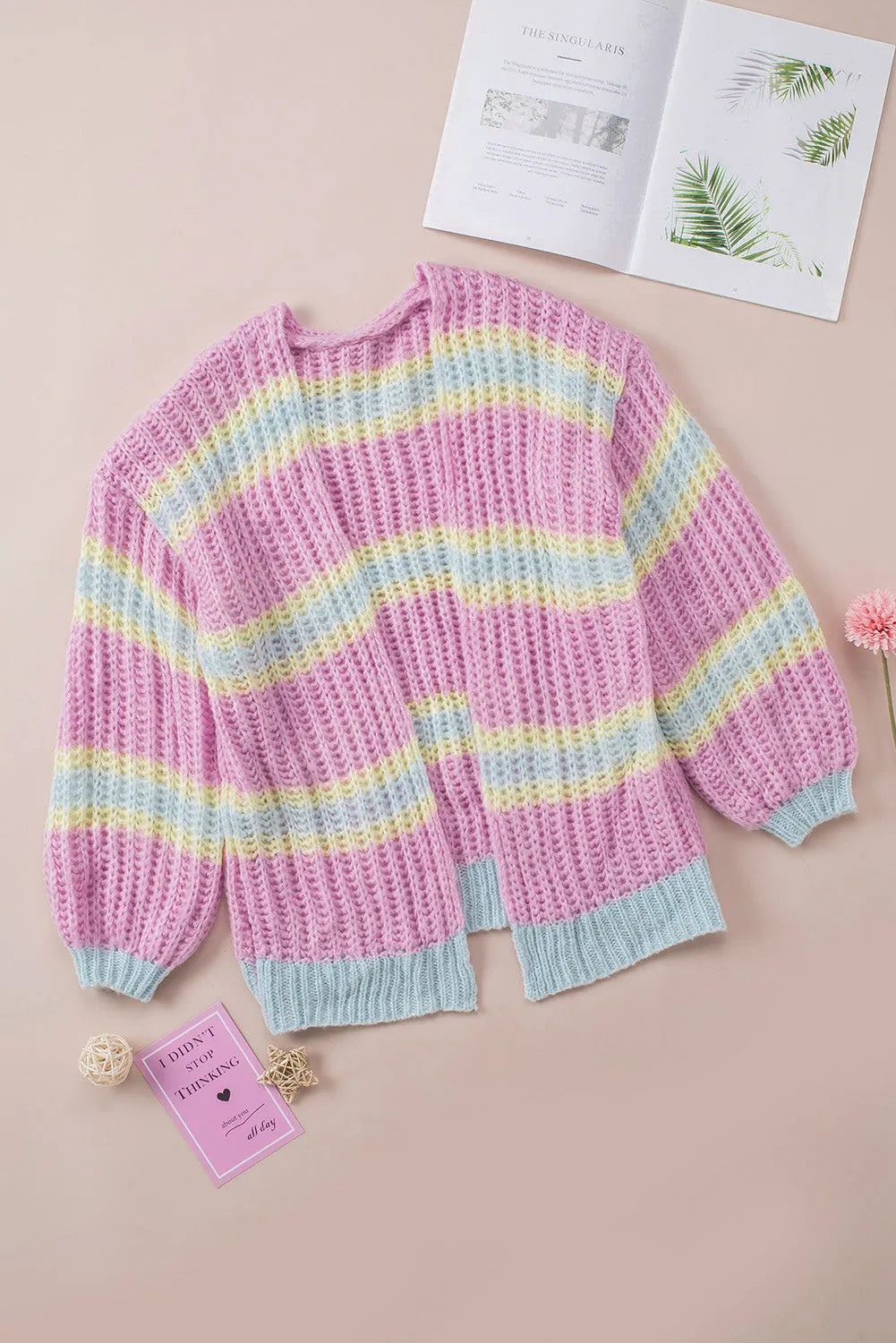 Pink Contrast Striped Open Front Cable Cardigan - Chic Meadow Boutique 