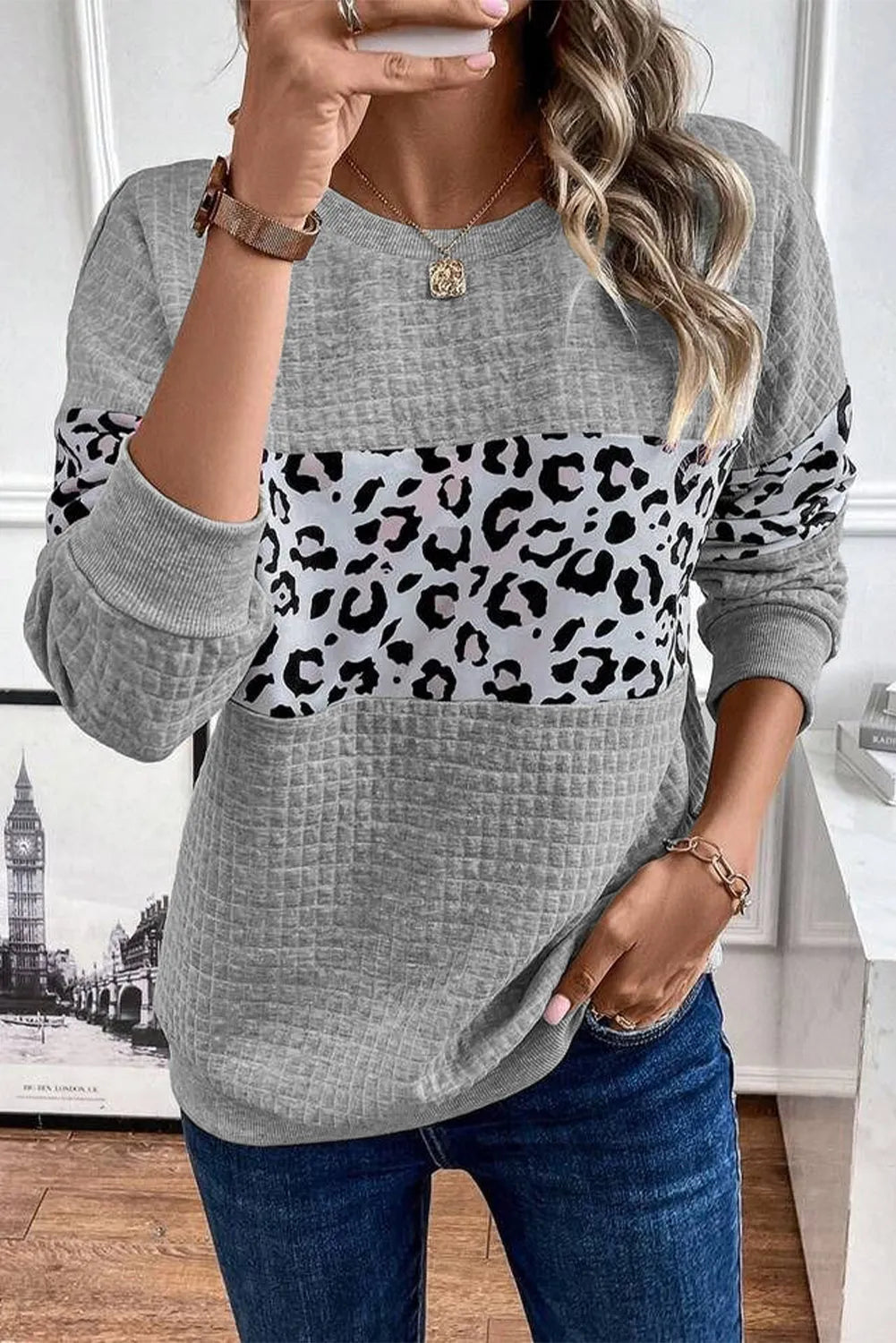 Gray Leopard Quilted Patchwork Crew Neck Sweatshirt - Chic Meadow Boutique 