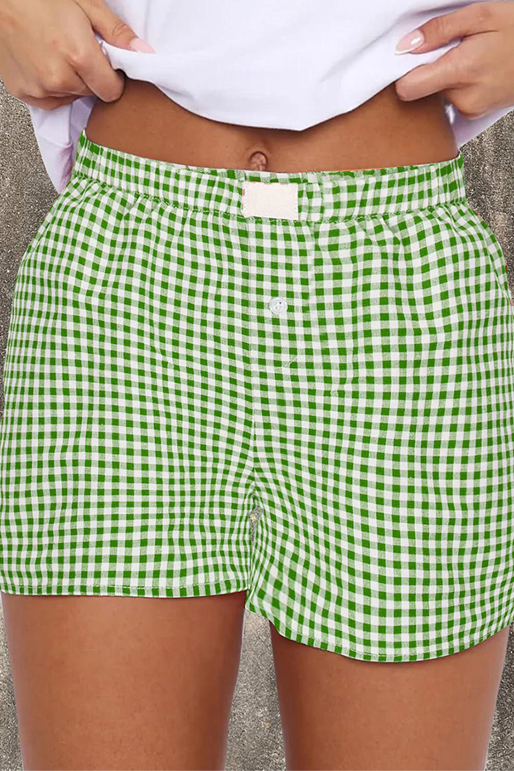 Fern Green Red Plaid Gingham Printed High Waist Shorts