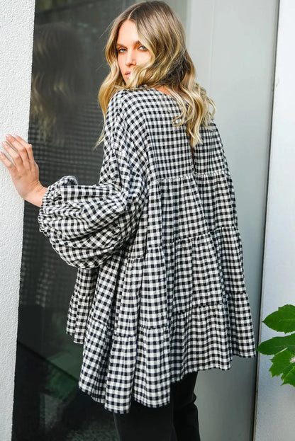 Black Checkered Puff Sleeve Tiered Loose Babydoll Blouse - Chic Meadow Boutique 