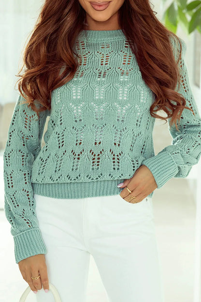 Green Sheer Knitted Pointelle Sweater - Chic Meadow Boutique 