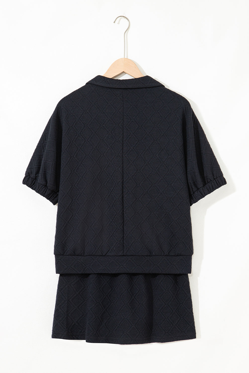 Color black Striped Collared Zip up Textured Skirt Set