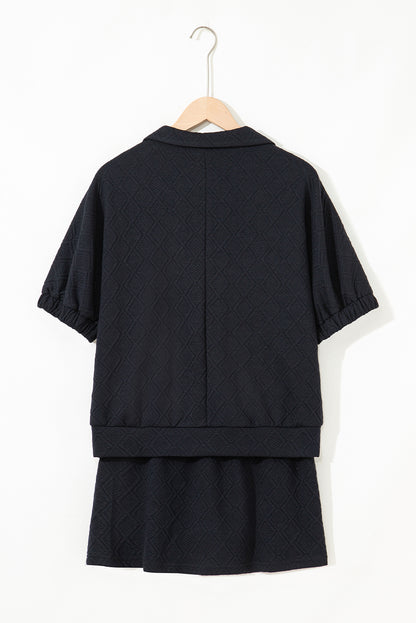 Color black Striped Collared Zip up Textured Skirt Set