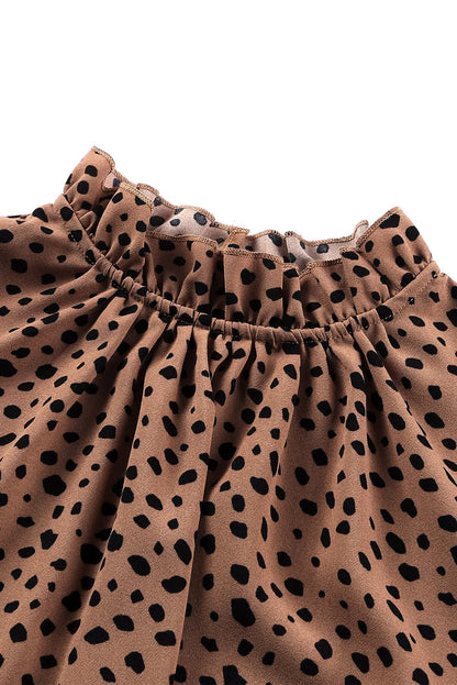 Brown Frilled Neck 3/4 Sleeves Cheetah Blouse - Chic Meadow Boutique 