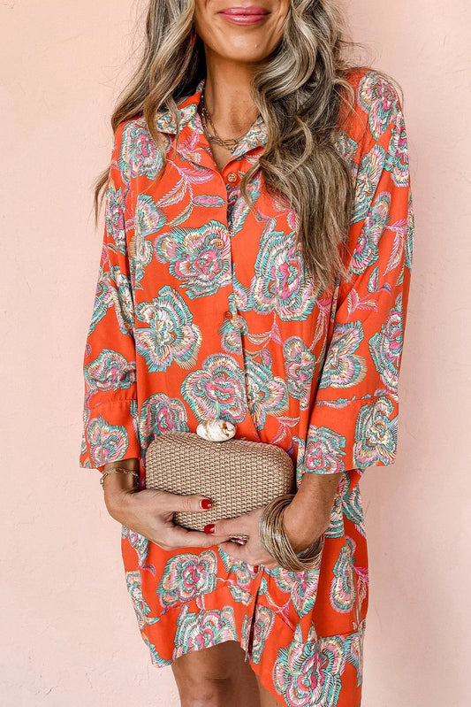 Red Floral Print Lapel Collar Loose Shirt Mini Dress - Chic Meadow Boutique 