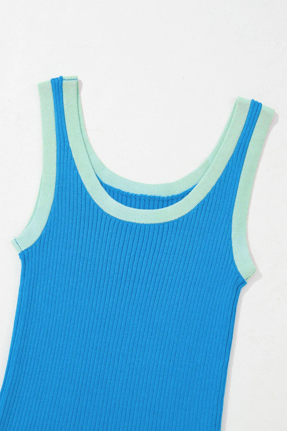 Tops/Tank Tops Blue Colorblock Edge Ribbed Knit U Neck Tank Top