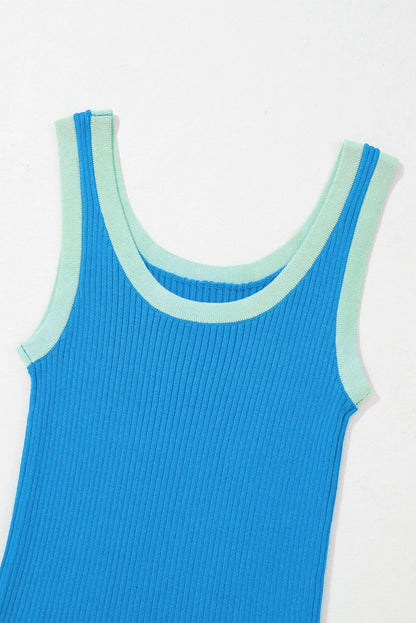 Blue Colorblock Edge Ribbed Knit U Neck Tank Top - Chic Meadow Boutique 