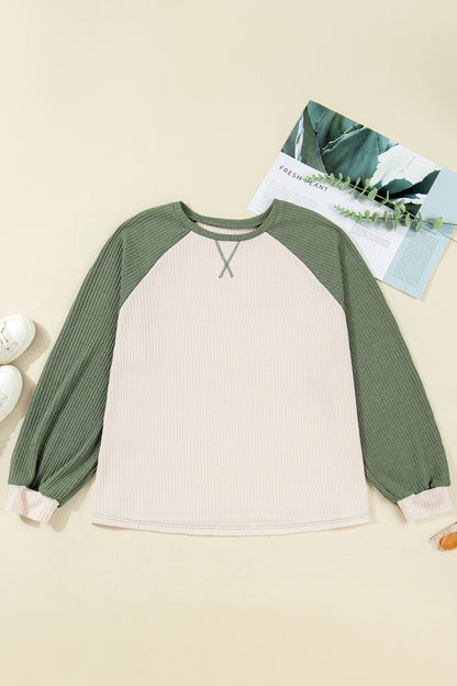 Mist Green Plus Size Waffled Color Block Long Sleeve Top