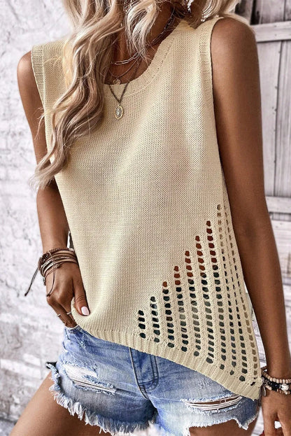 Beige Pointelle Detail Solid Color Knit Sweater Vest - Chic Meadow Boutique 