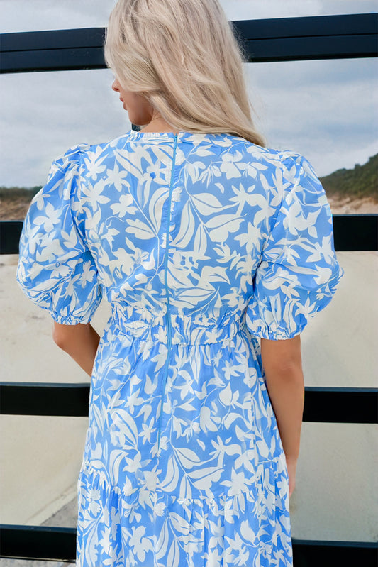 Sky Blue Floral V Neck Puff Short Sleeve Flowy Long Dress