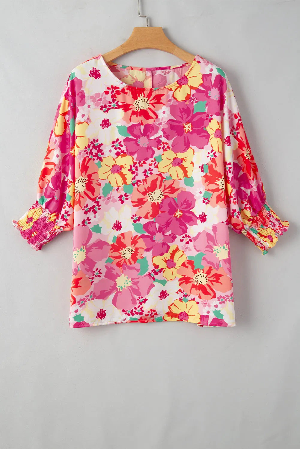 Pink Shirred Cuffs 3/4 Sleeve Floral Blouse - Chic Meadow Boutique 