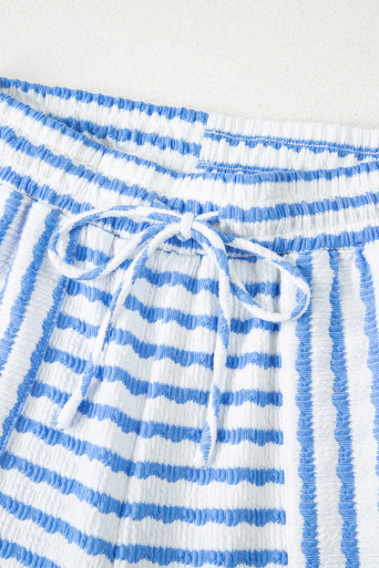 Sky Blue Stripe Knitted Short Sleeve Top and Drawstring Shorts Set