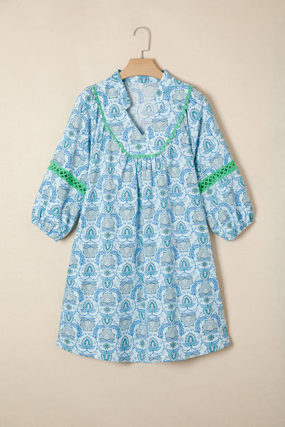 Sky Blue Boho Paisley Print Contrasted Patchwork Detail Bracelet Sleeve Loose Mini Dress