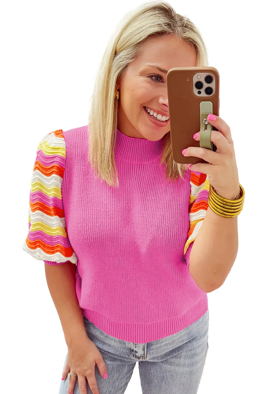 Pink Ribbed Knit Contrast Sleeve Sweater Top - Chic Meadow Boutique 