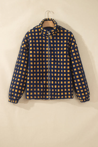 Blue Plaid Sherpa Fleece Zip Up Jacket