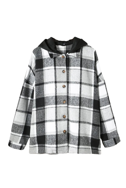 Gray Hooded Plaid Button Front Shacket - Chic Meadow Boutique 