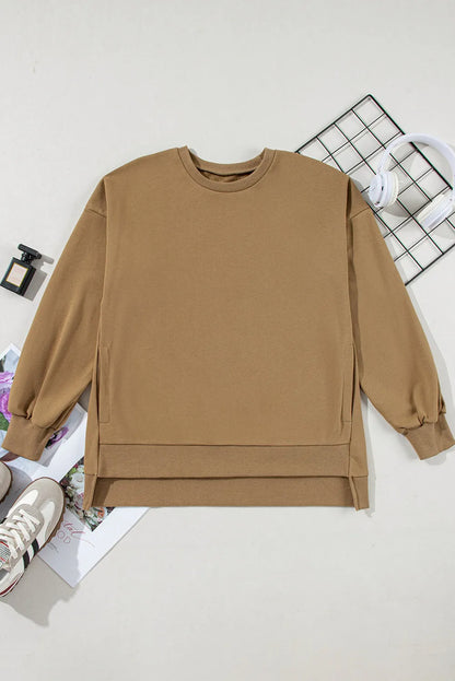 Brown Solid O Neck High Low Hem Pullover Sweatshirt - Chic Meadow Boutique 