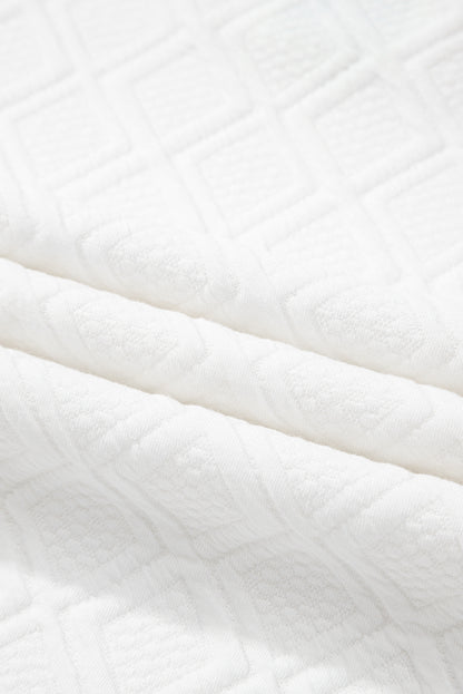 White Textured Jacquard Colorblock Edge Puff Sleeve Quarter Zip Mini Dress