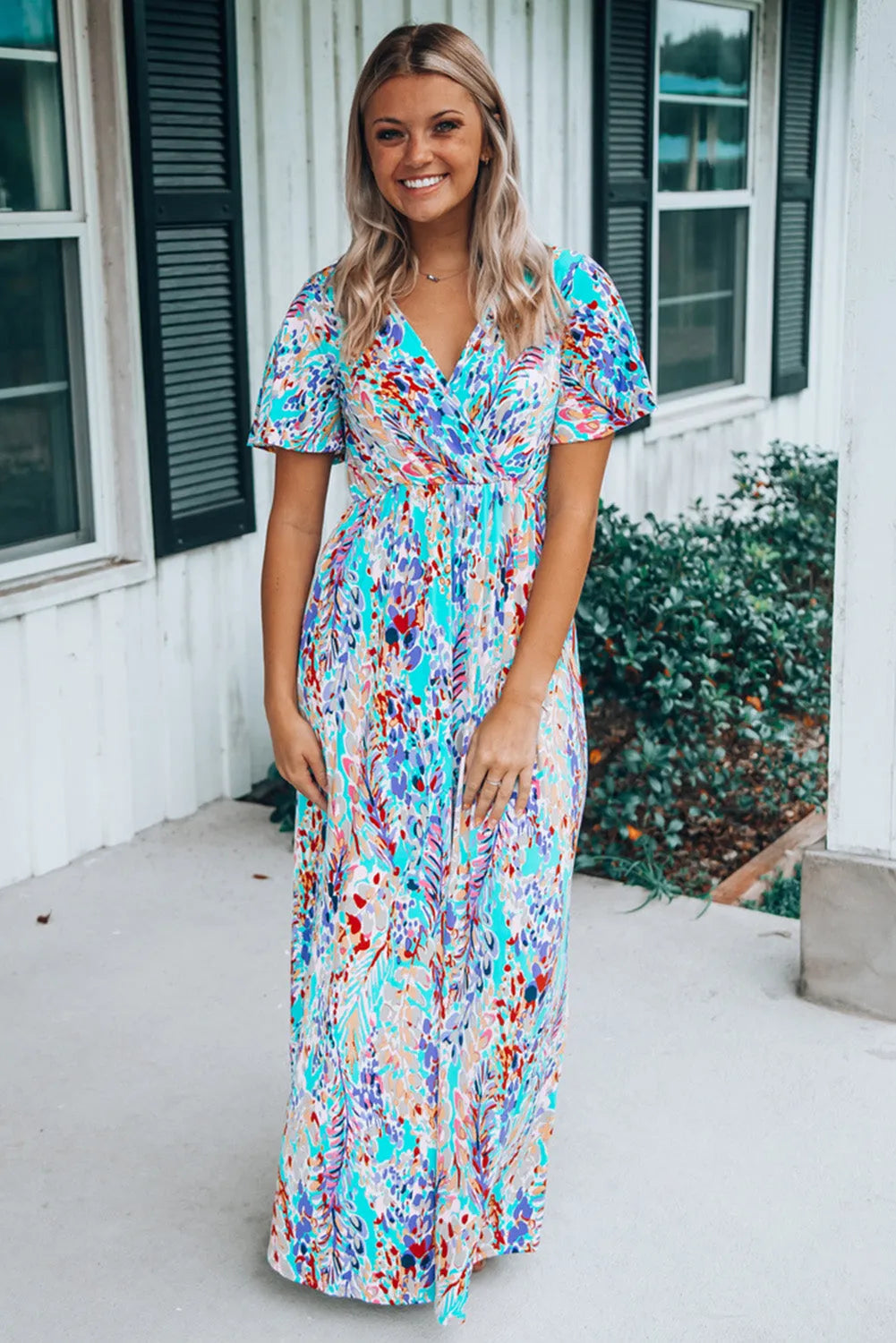 Green Wrap V Neck Floral Maxi Dress - Chic Meadow Boutique 