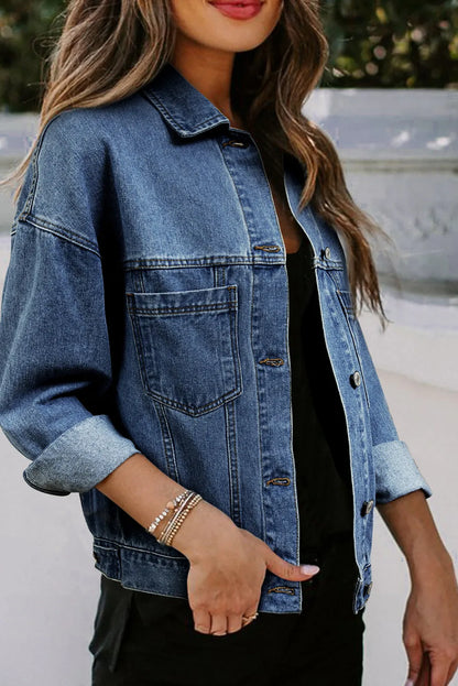 Dark Blue Washed Oversize Pocketed Denim Jacket - Chic Meadow Boutique 