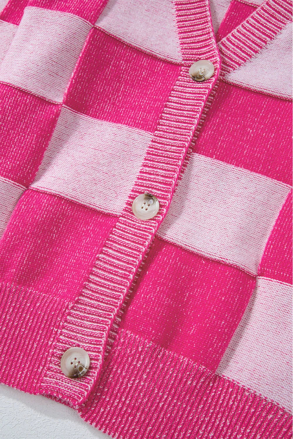 Pink Checkered Drop Shoulder Buttoned V Neck Cardigan - Chic Meadow Boutique 