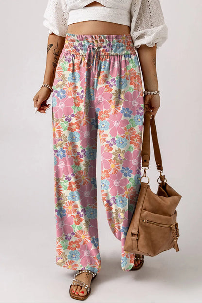 Pink Floral Smocked Waist Loose Pants - Chic Meadow Boutique 