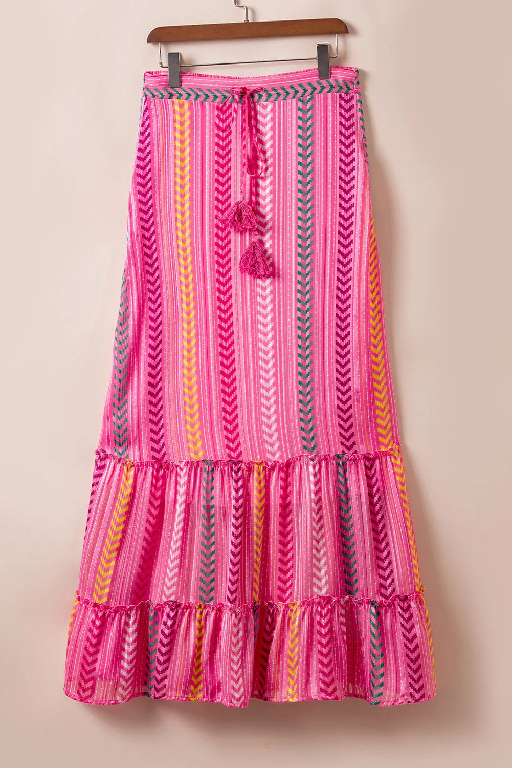 Pink Boho Printed Tasseled Drawstring Ruffled Maxi Skirt - Chic Meadow Boutique 