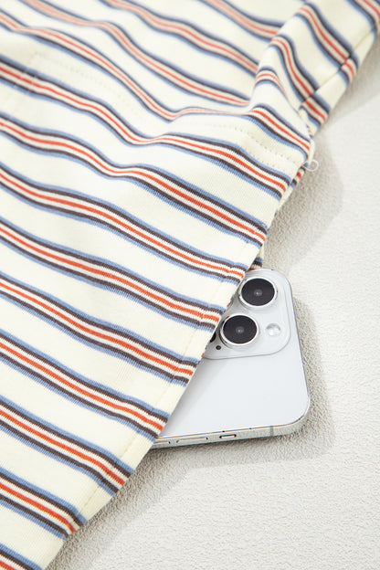 White Stripe Drop Shoulder Cuffed Sleeve Loose Tunic T Shirt Mini Dress