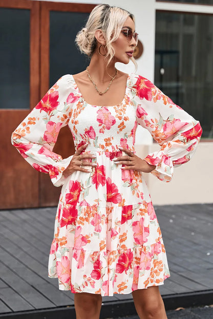 Fiery Red Smocked Tiered Floral Dress - Chic Meadow Boutique 