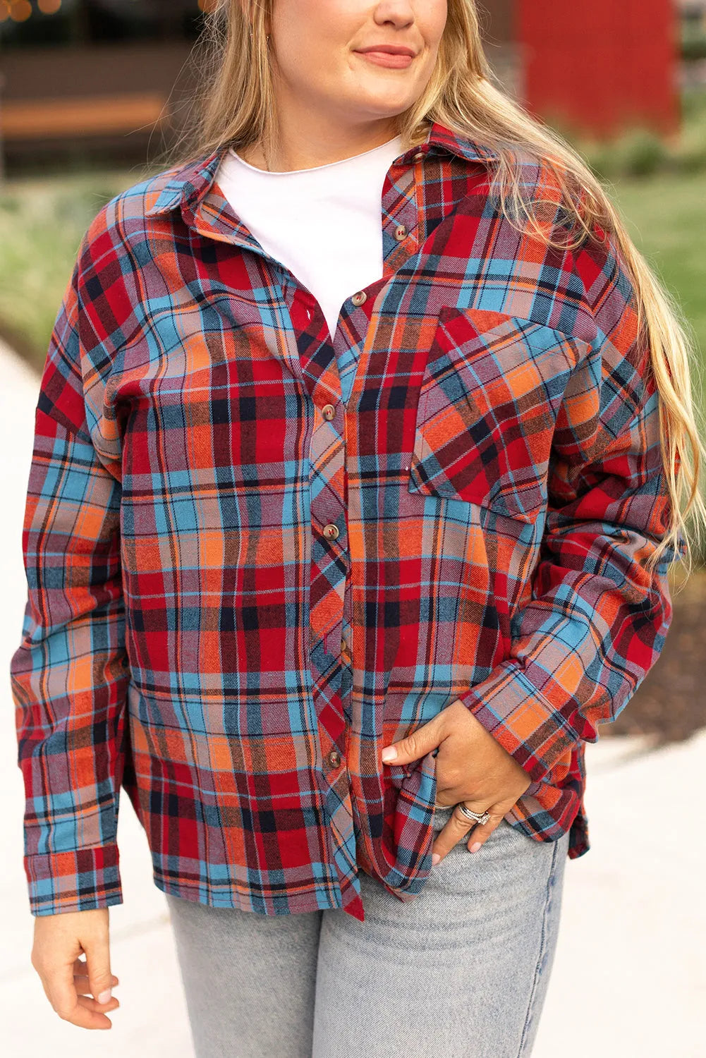 Red Plus Size Plaid Print Buttoned Shirt - Chic Meadow Boutique 