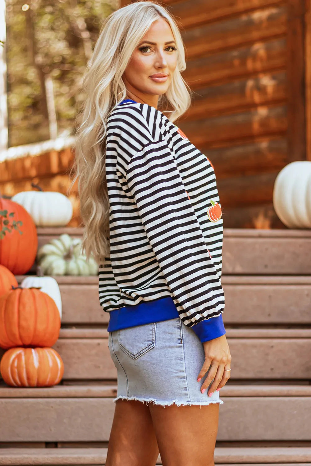 Black Stripe Glitter Halloween Pumpkin Print Oversized Sweatshirt - Chic Meadow Boutique 