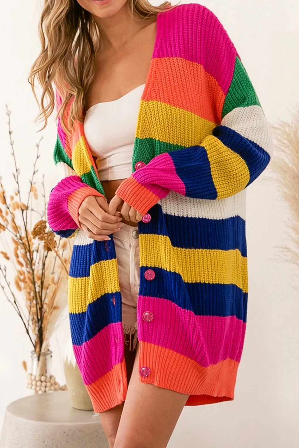 Multicolor Striped Print Longline Cardigan - Chic Meadow Boutique 