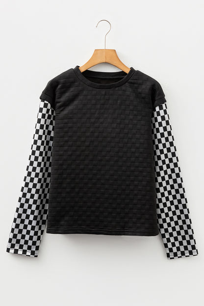 Black Plaid Textured Contrast Checkered Patchwork Long Sleeve Top