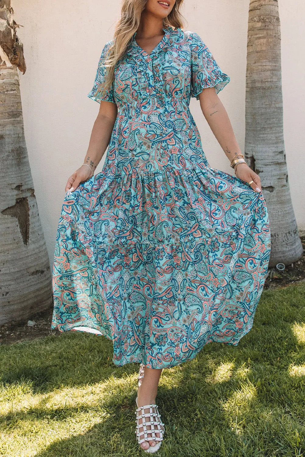 Sky Blue Paisley Print Boho Holiday Ruffle Tiered Maxi Dress - Chic Meadow Boutique 