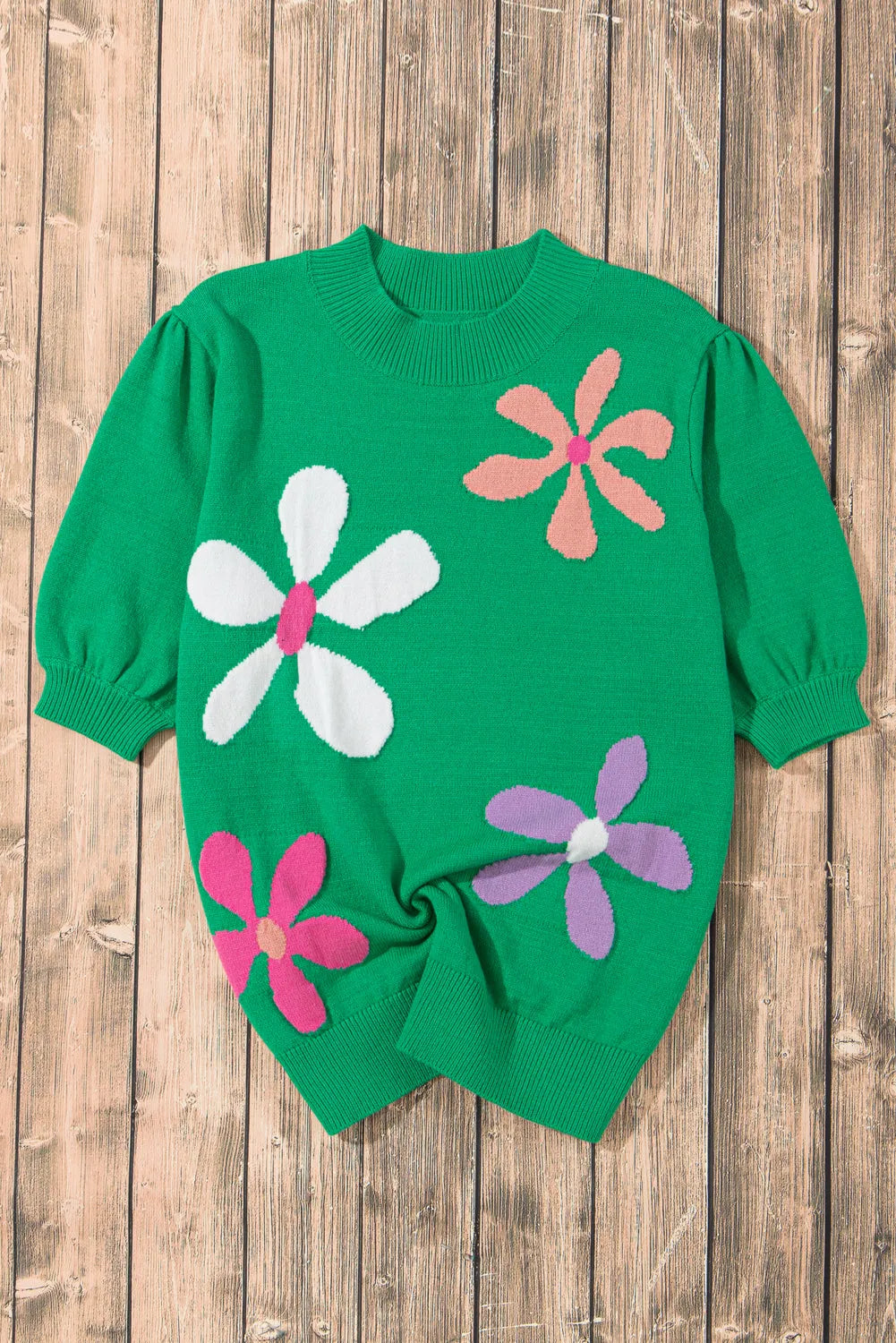 Bright Green Floral Bubble Short Sleeve Sweater - Chic Meadow Boutique 