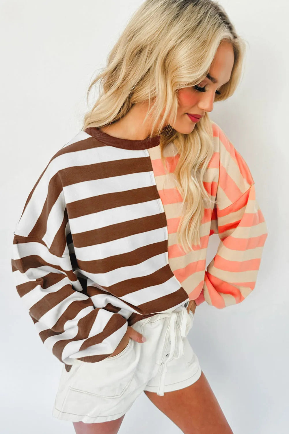 Brown Stripe Color Block Drop Shoulder Pullover Sweatshirt - Chic Meadow Boutique 