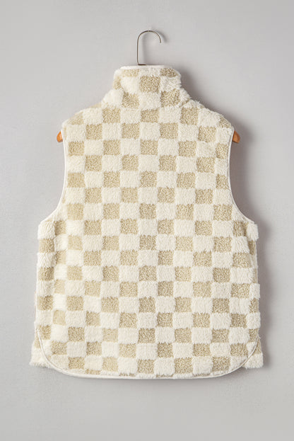 Khaki Sherpa Checkerboard Snap Button Vest Jacket With Pocket