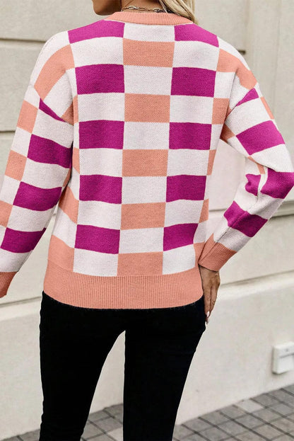 Sweaters & Cardigans/Sweaters Pink Checkered Ribbed Edge O Neck Drop Shoulder Sweater