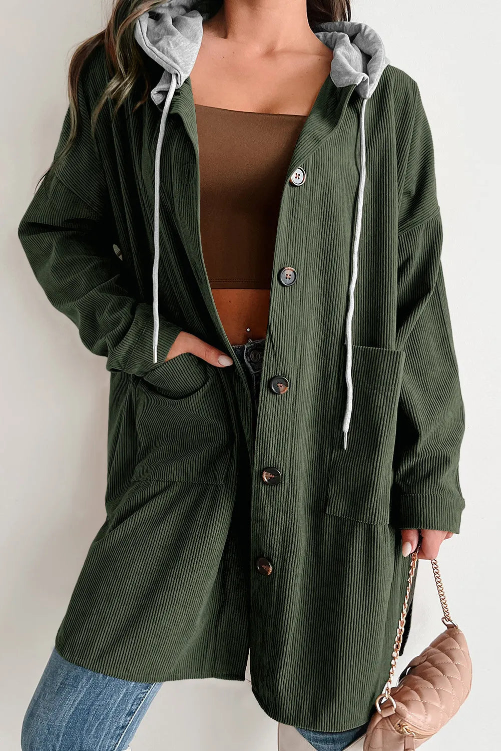 Jungle Green Oversized Corduroy Contrast Hooded Shacket - Chic Meadow Boutique 