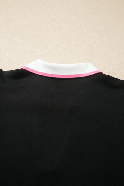 Black Preppy Striped Trim V Neck Polo Tee Drawstring Skirt Set