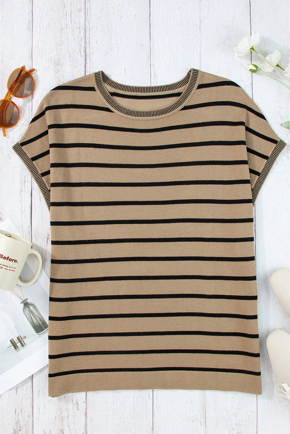 Khaki Stripe Knitted Bat Sleeve T Shirt - Chic Meadow Boutique 